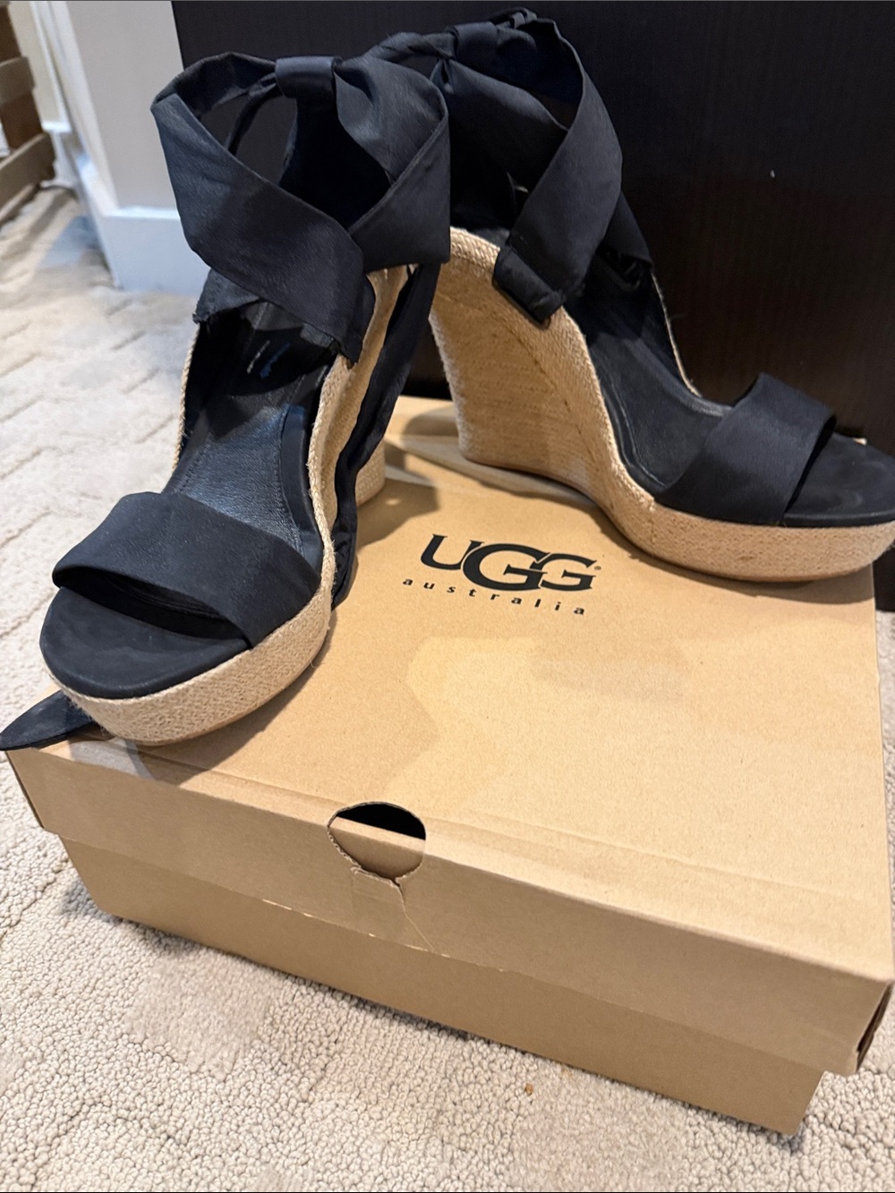 UGG Black Wedge Espadrille Sandals with Ankle Wrap